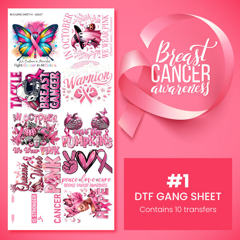 Breast Cancer Awareness (BCA) DTF Transfer Gang Sheet #1 - 10 Designs