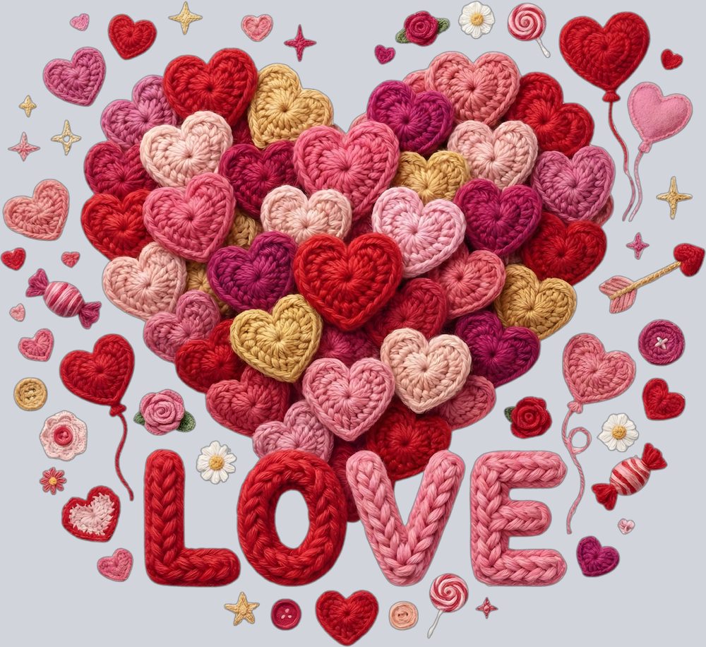 Love Faux Yarn Heart and Flowers - STK07632 (DTF Transfers)