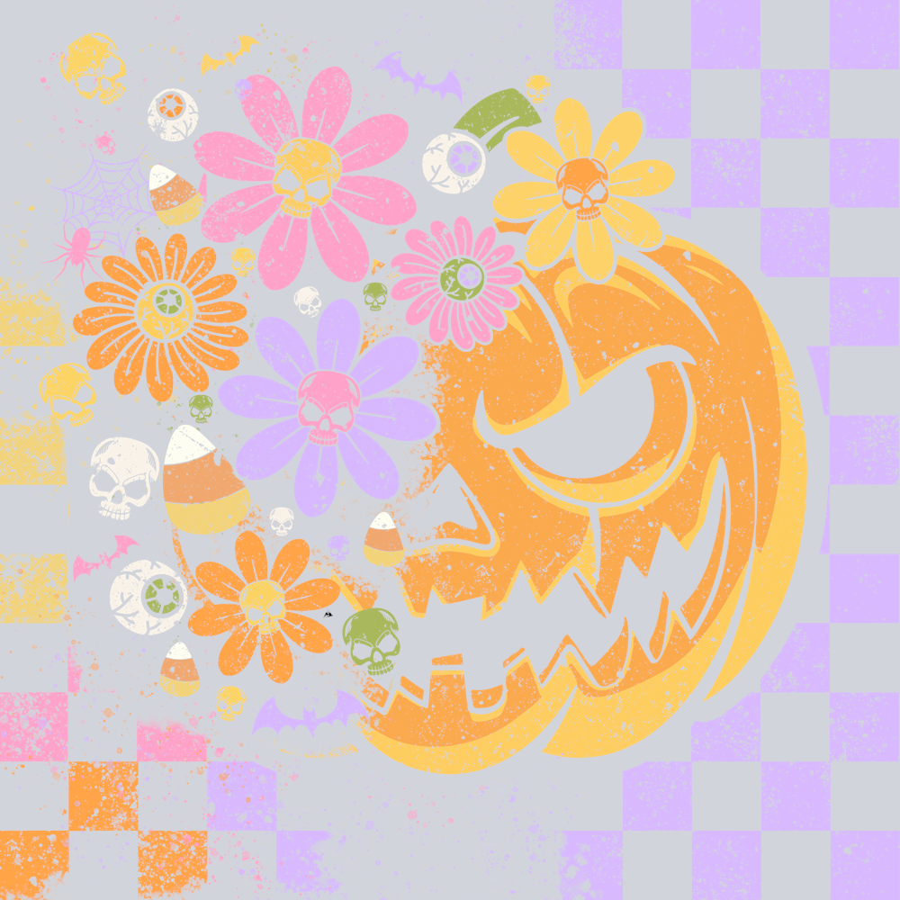 Spooky Halloween Pumpkin Flowers and Checkerboard - STK07400 (DTF Transfers)