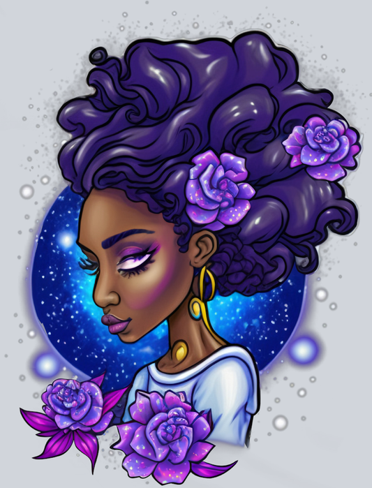 Black Woman Moon Flowers - STK00982 (DTF Transfers)
