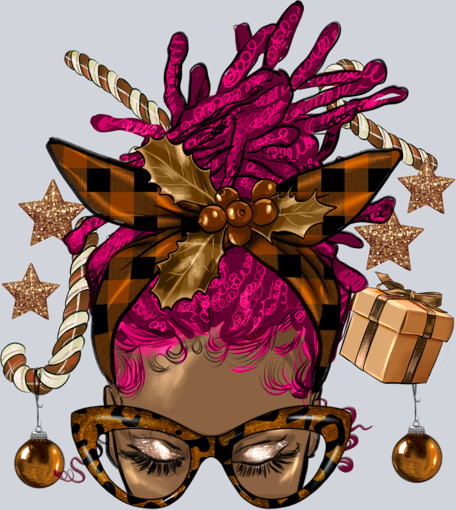 Melanin Christmas Afro Messy Bun Pink Locs - STK04153 (DTF Transfers)