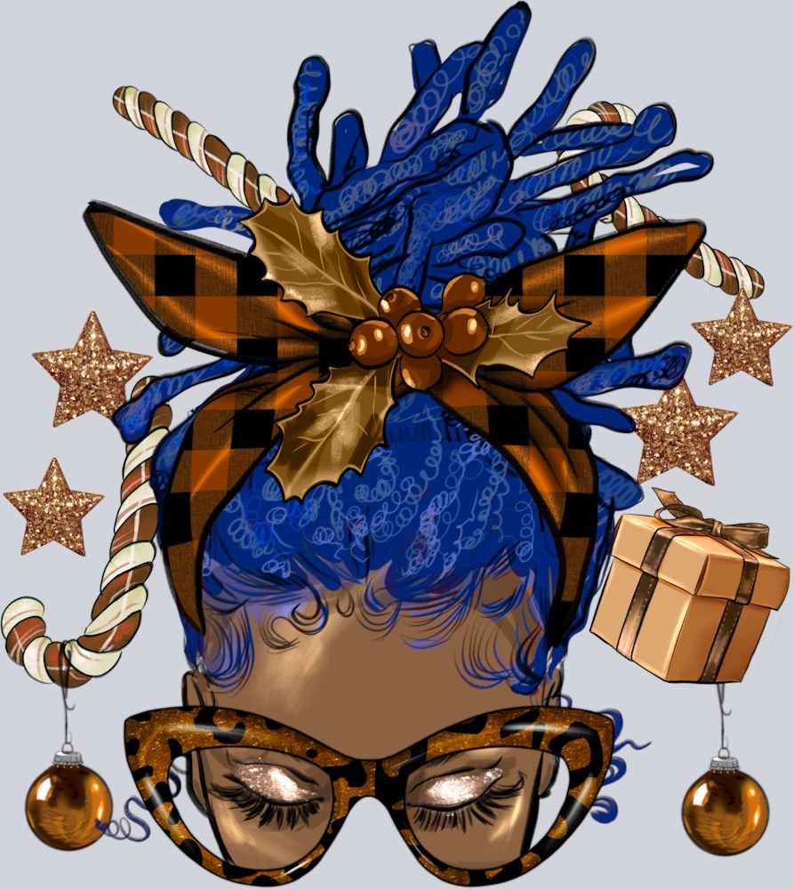 Melanin Christmas Afro Messy Bun Blue Locs - STK04148 (DTF Transfers)