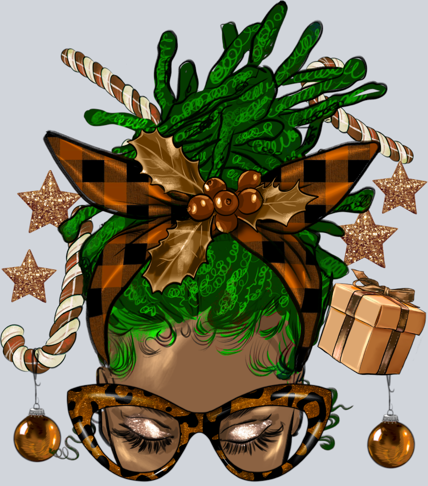 Melanin Christmas Afro Messy Bun Green Locs - STK04150 (DTF Transfers)