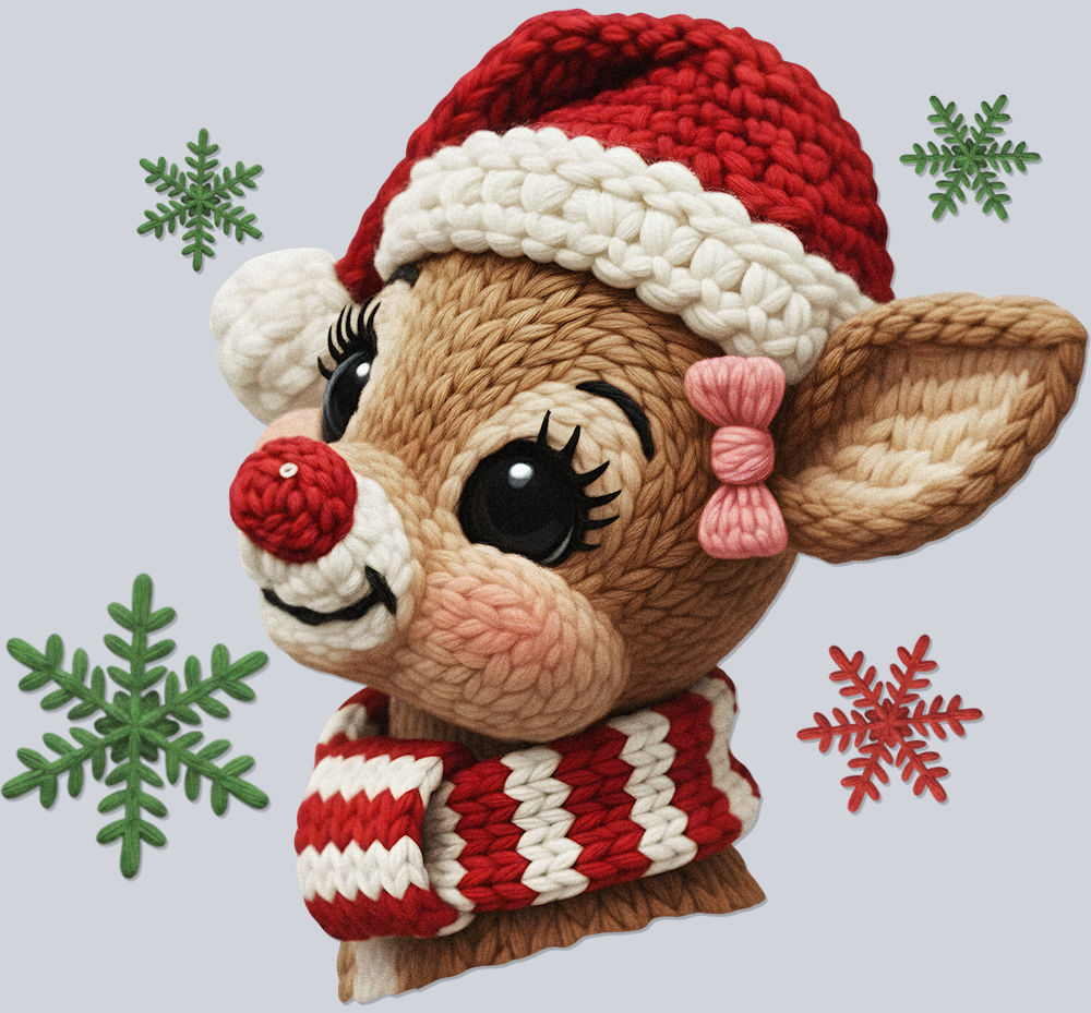 Faux Yarn Crocheted Rudolph Reindeer 1 - STK07487 (DTF Transfers)