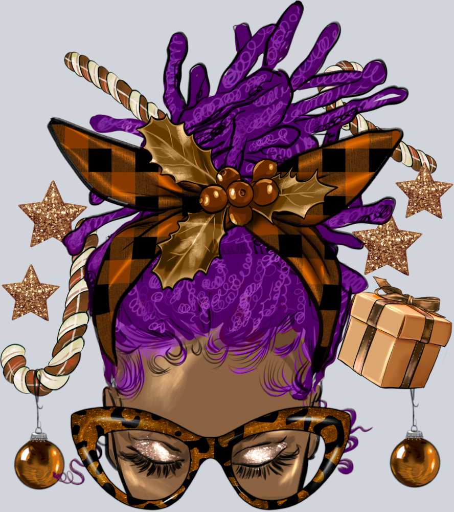 Melanin Christmas Afro Messy Bun Purple Locs - STK04154 (DTF Transfers)