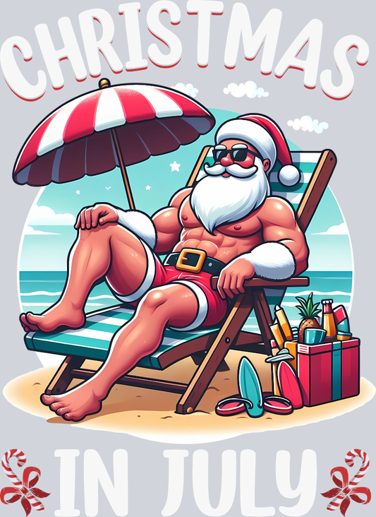 Christmas In July Buff Santa On The Beach - STK01309 (DTF Transfers)