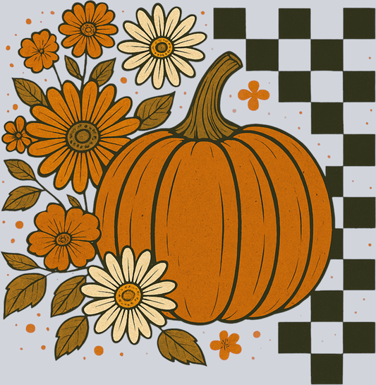Autumn Pumpkin Flowers and Checkerboard 3 - STK07340 (DTF Transfers)